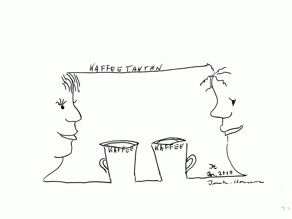 Einstrichzeichnung. zwei Frauen und zwei Kaffeetassen