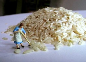 Altersarmut, Miniatur-Hausfrau fegt Reiskörner zusammen
