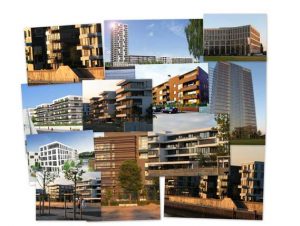 Collage aus Hausansichten moderner Gebäude