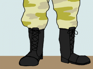 Kriegsverbrechen, Zeichnung: schwarze Stiefel und Tarnhose